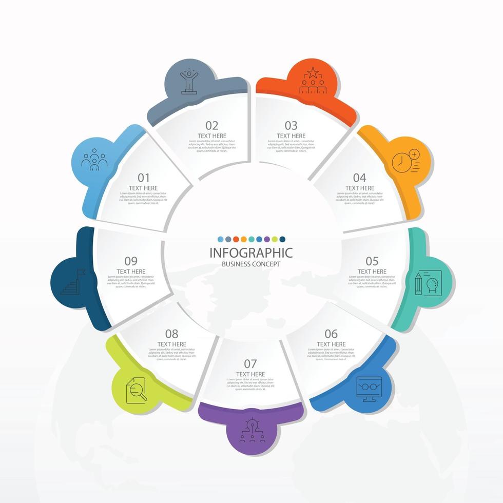 Grundlegende Kreis-Infografik-Vorlage mit 9 Schritten, Prozess oder Optionen, Prozessdiagramm, verwendet für Prozessdiagramm, Präsentationen, Workflow-Layout, Flussdiagramm, Infograph. eps10-Vektorillustration. vektor