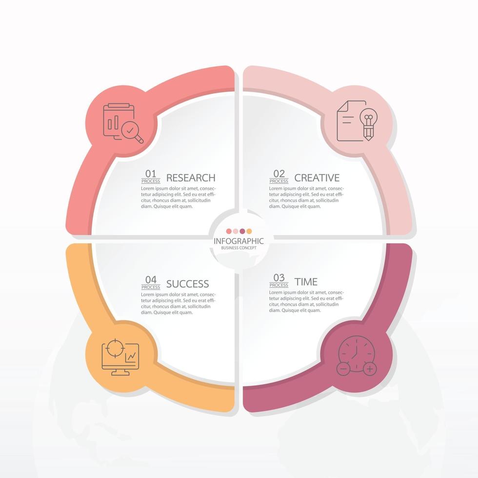 Grundlegende Kreis-Infografik-Vorlage mit 4 Schritten, Prozess oder Optionen, Prozessdiagramm, verwendet für Prozessdiagramm, Präsentationen, Workflow-Layout, Flussdiagramm, Infograph. eps10-Vektorillustration. vektor