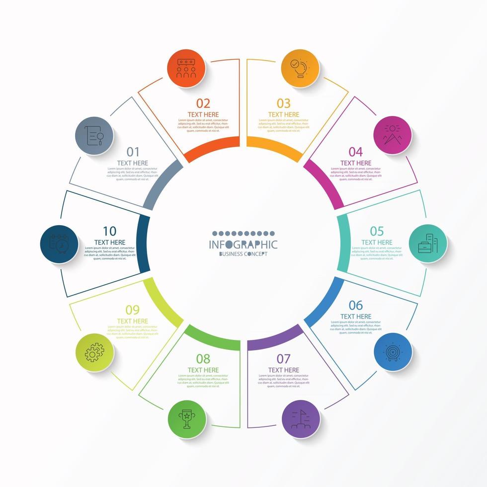 grundläggande cirkelinfografisk mall med 10 steg, process eller alternativ, processdiagram, används för processdiagram, presentationer, arbetsflödeslayout, flödesschema, infograph. vektor eps10 illustration.