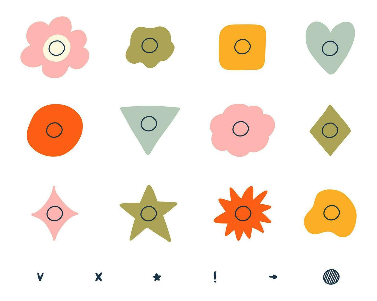 söt hand dragen uppsättning med tömma kryssrutor med kolla upp och korsa märken. kryssrutor i form av blomma, stjärna, hjärta, cirkel, moln. v, x, ja, Nej, ok, pil, utrop punkt, stjärna tecken kula tidning. vektor