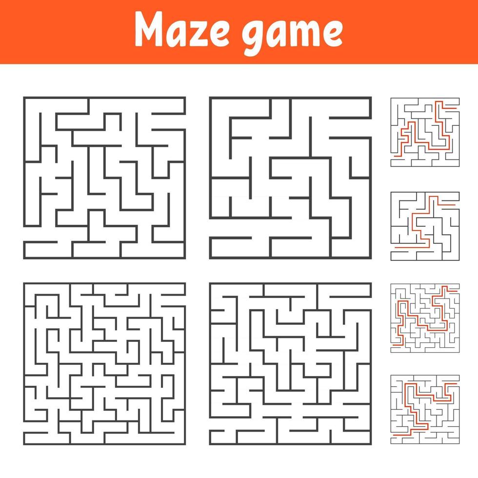 eine Reihe von quadratischen Labyrinthen mit verschiedenen Schwierigkeitsgraden. Puzzle für Kinder. ein Eingang, ein Ausgang. Labyrinth Rätsel. flache Vektorillustration lokalisiert auf weißem Hintergrund. mit Antwort. vektor