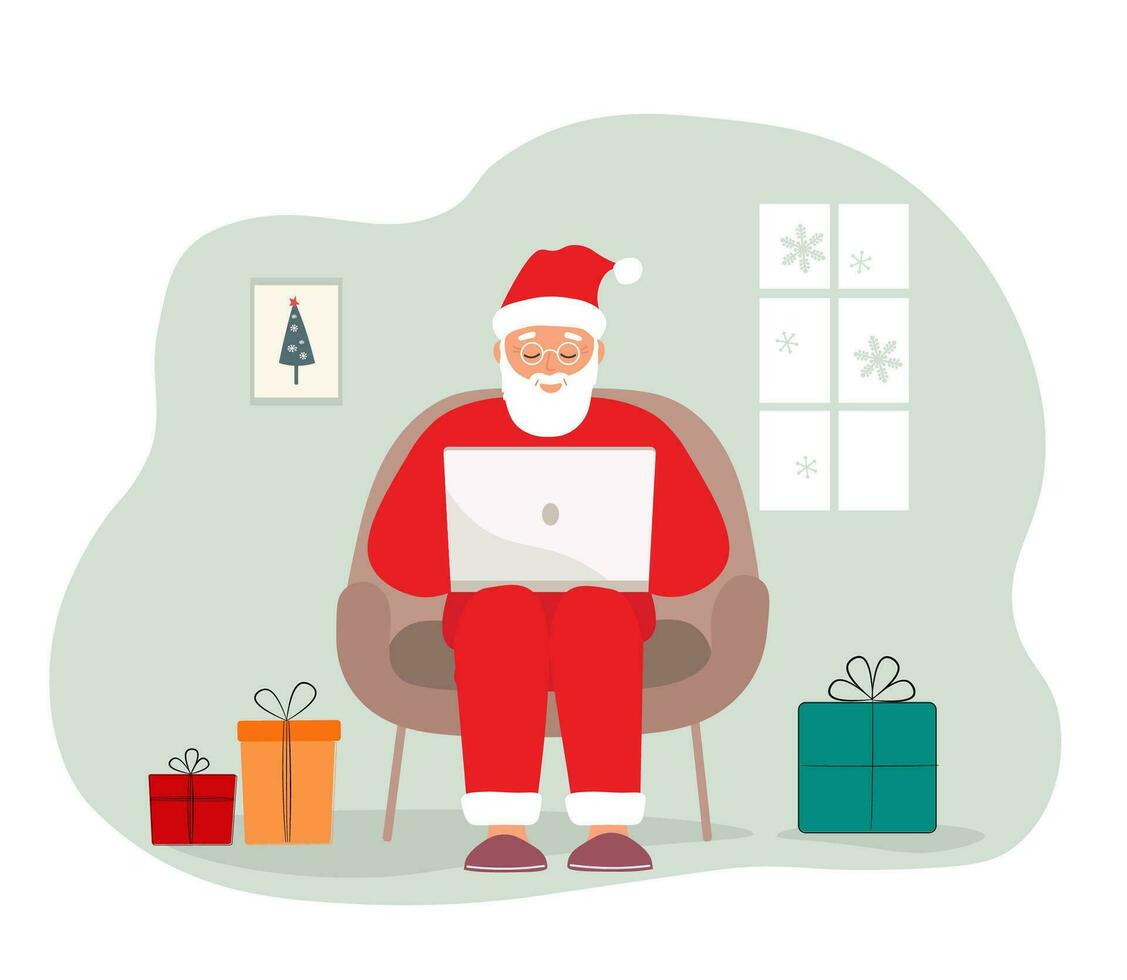 Santa claus ist Sitzung mit ein Laptop und Geschenke. Vektor eben Grafik.