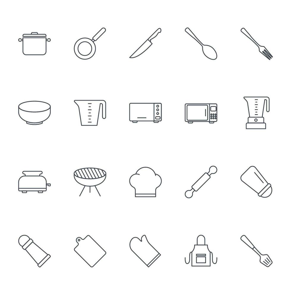 Vektor einstellen von Kochen Symbole. eine solche wie sichern Pfanne, Messer, Löffel und mehr. einstellen zum Netz und App isoliert auf Weiß Hintergrund. Vektor Illustration