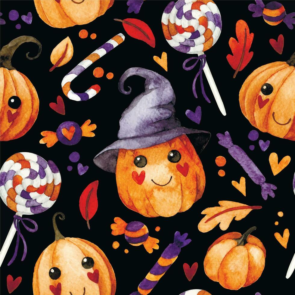 Aquarell nahtlos Muster mit süß Halloween Kürbisse, Süßigkeiten und Süßigkeiten auf ein dunkel Hintergrund. kawaii vektor