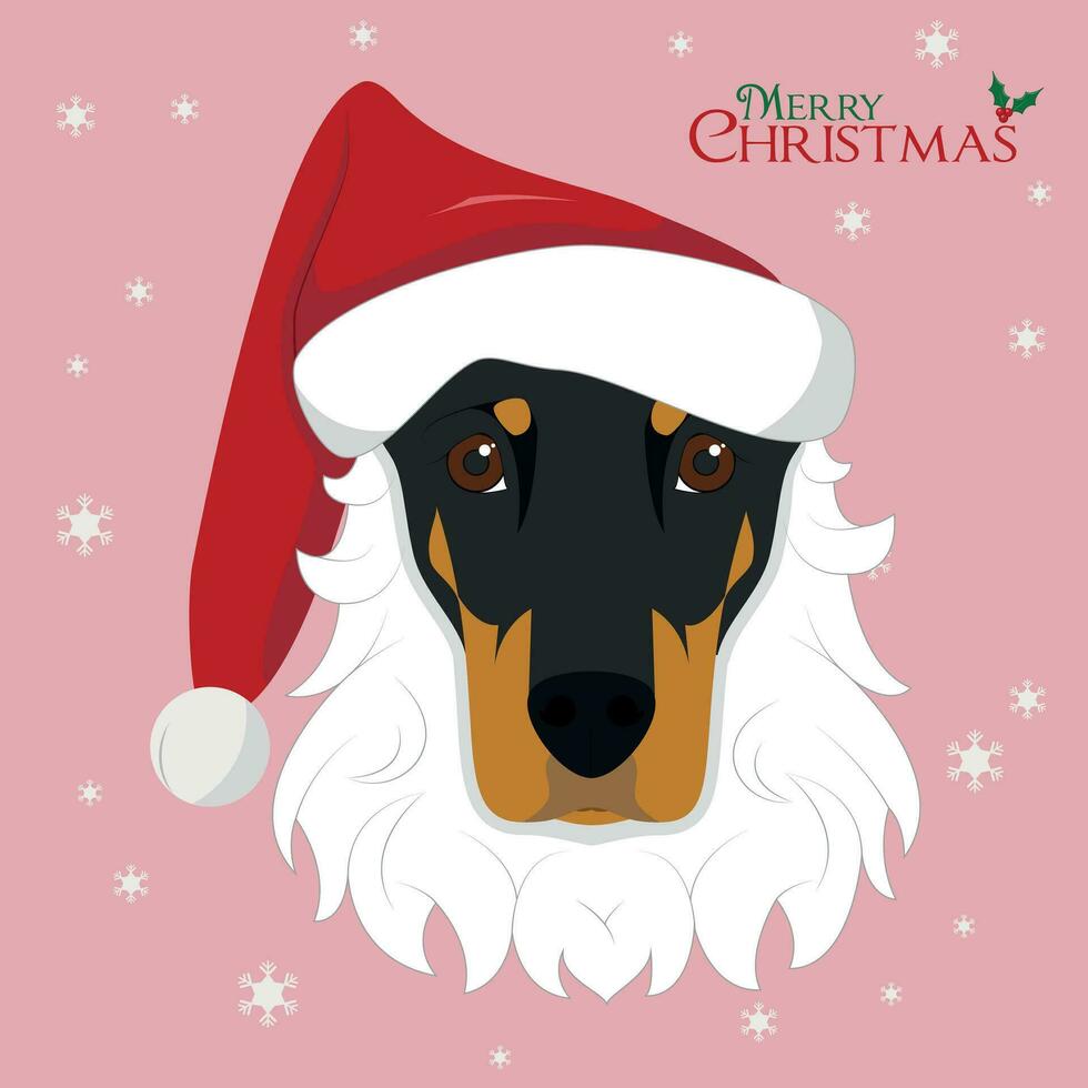 jul hälsning kort. doberman hund med skägg och röd jultomten hatt vektor