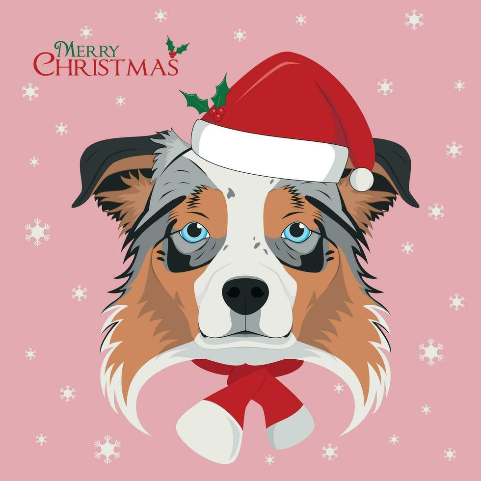 jul hälsning kort. australier sheperd hund med röd santa hatt och en ull- scarf för vinter- vektor
