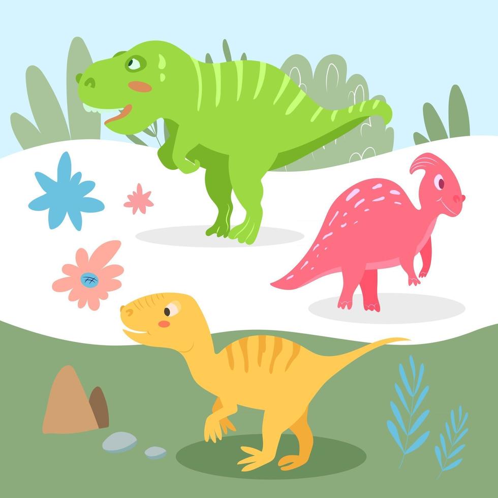 Reihe von süßen fleischfressenden und pflanzenfressenden Dinosauriern auf dem Hintergrund der Natur. Vektor-Illustration im Cartoon-Stil für Kinder vektor