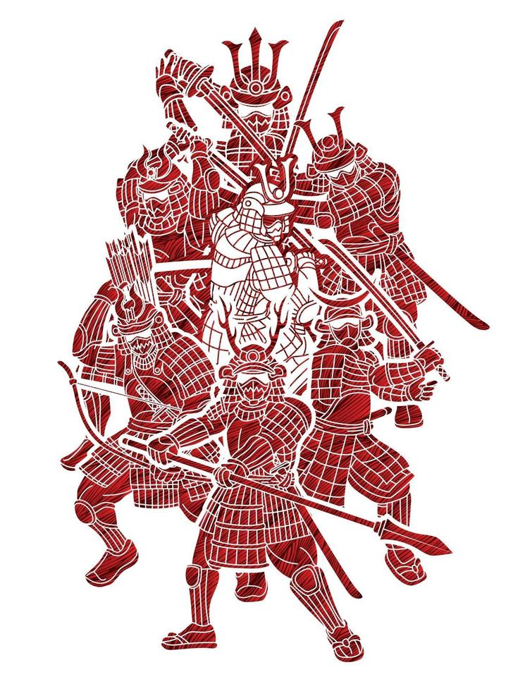 grupp samurai-krigare med vapen vektor