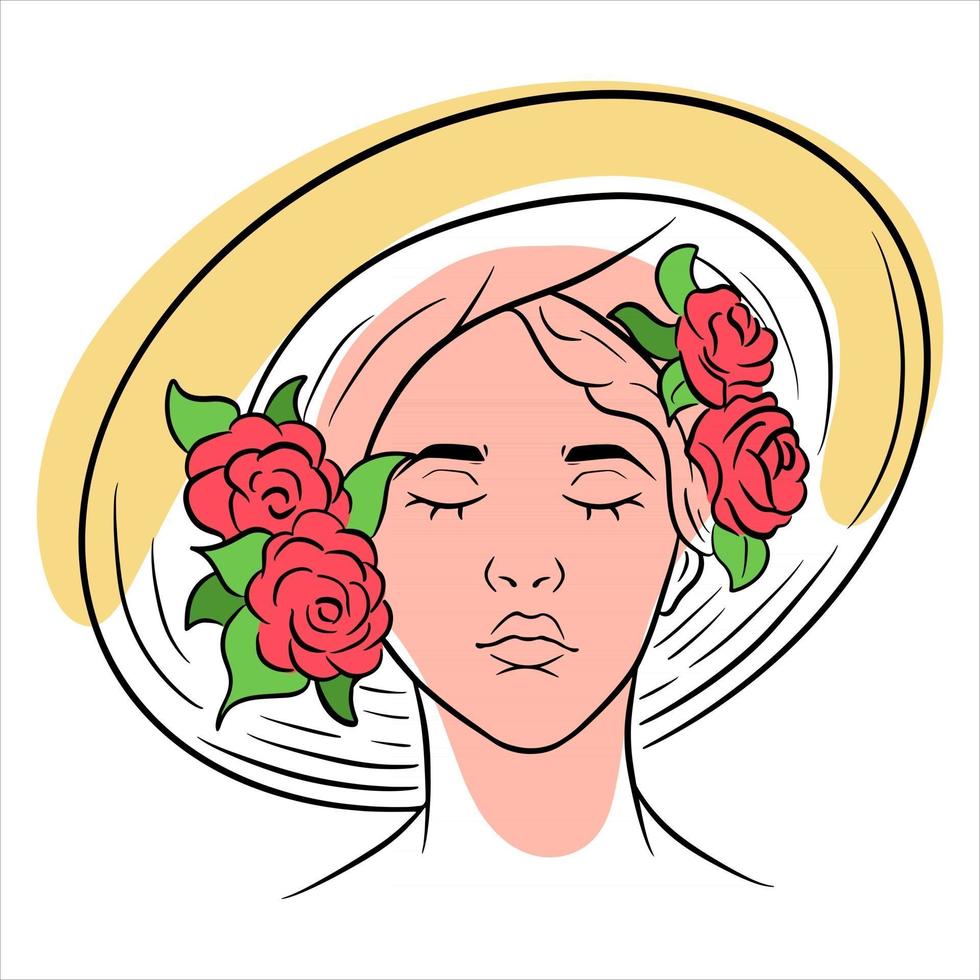 flicka i en hatt abstraktion. flicka med rosor på huvudbonad. linje stil. vektor