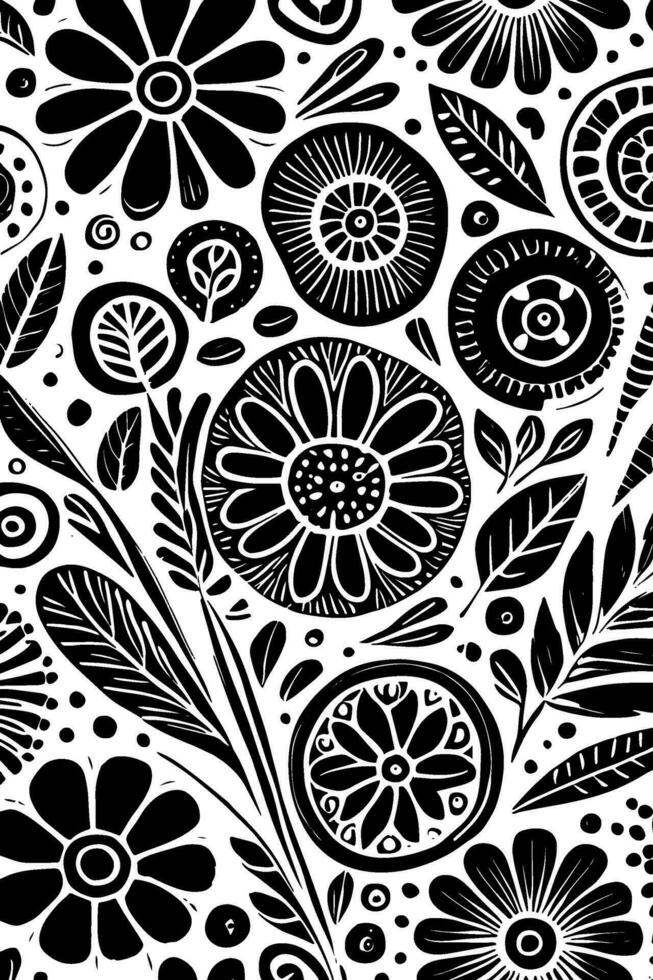 abstrakt schwarz und Weiß monochromatisch handgemalt Blumen Textur Muster Gekritzel Vektor Illustration