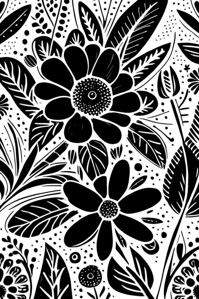 abstrakt schwarz und Weiß monochromatisch handgemalt Blumen Textur Muster Gekritzel Vektor Illustration