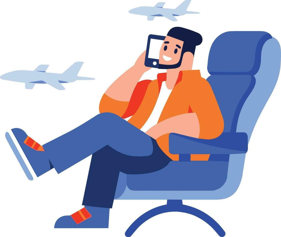 Hand gezeichnet Tourist mit Stuhl auf Flugzeug im eben Stil vektor