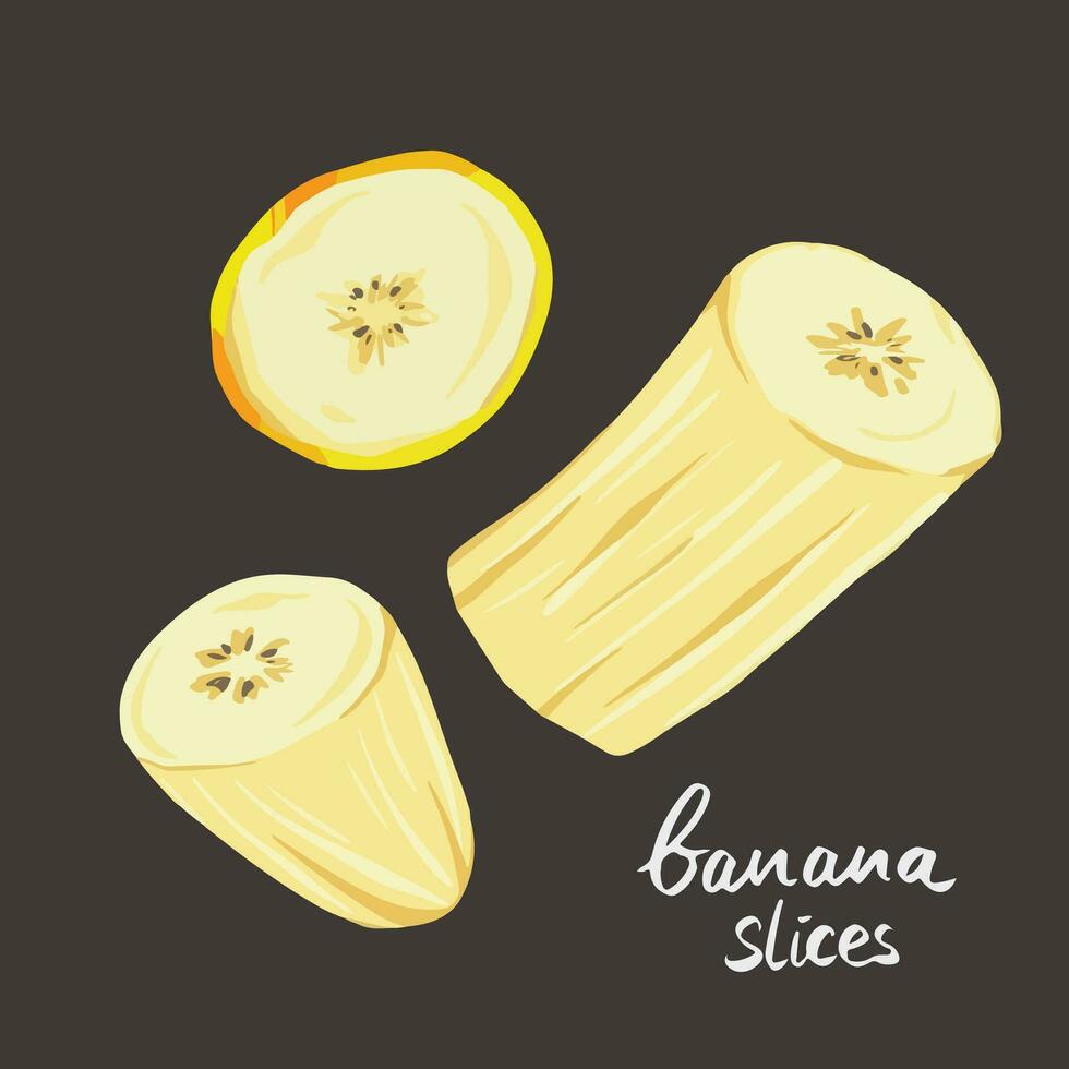 banan frukt skivor friska mat vektor illustration isolerat på fyrkant mörk bakgrund. gul färgad frukt. enkel platt tecknad serie konst styled teckning.