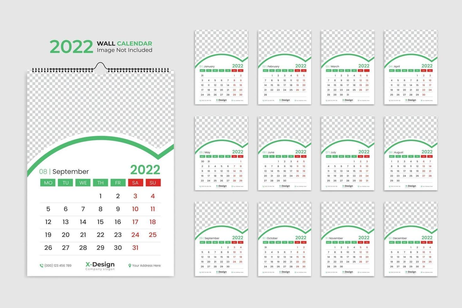 väggkalendermalldesign för 2022, årlig planerare med alla månader. vektor