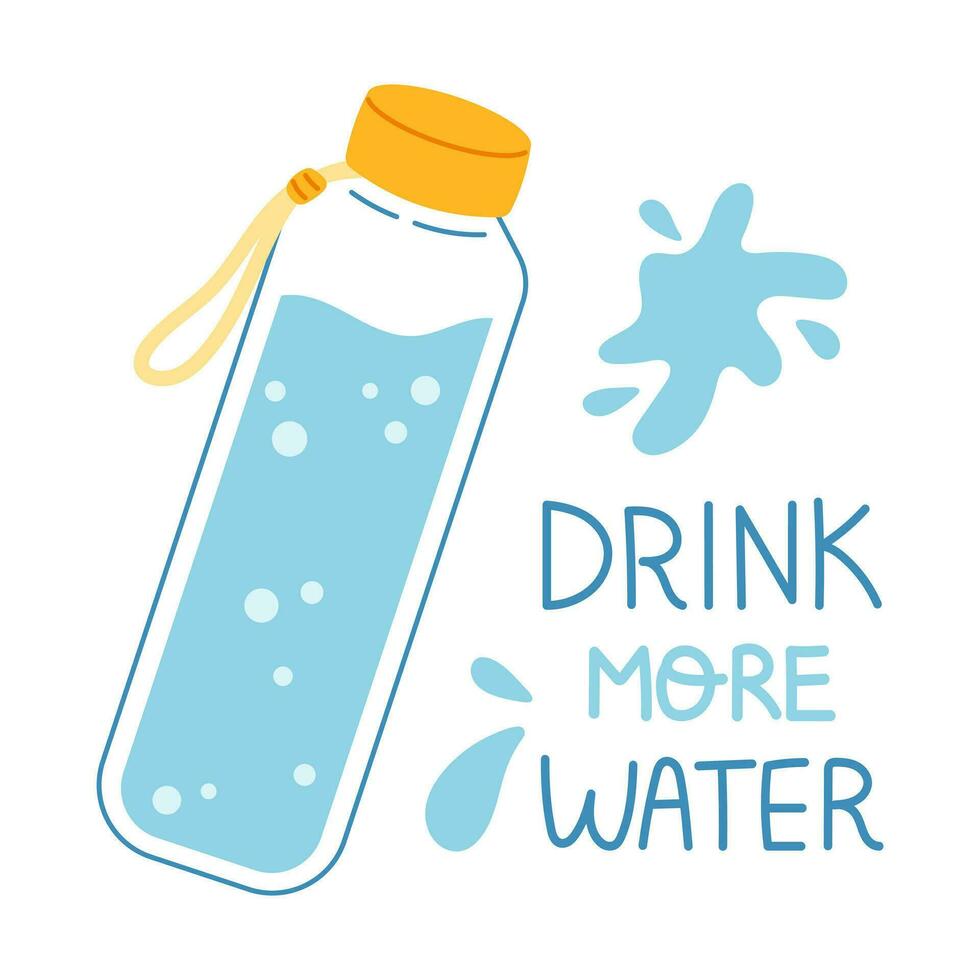 Vektor Illustration mit Glas Flasche von Wasser mit Blasen. Wasser spritzt und Tropfen. Poster oder Banner Design. trinken Mehr Wasser.