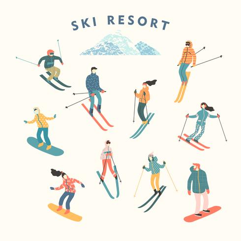 Vektorillustration von Skifahrern und von Snowboardern. vektor