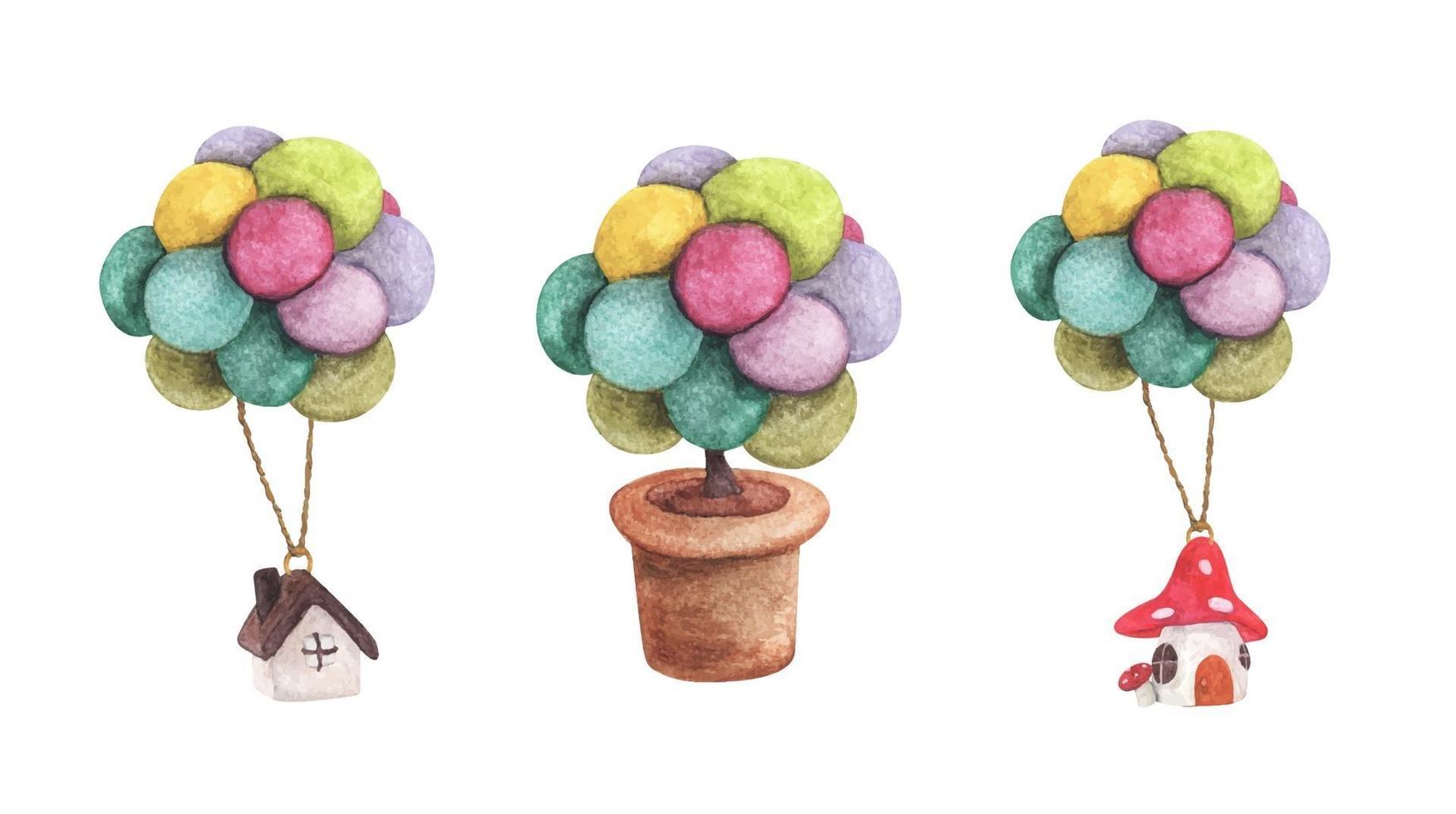 uppsättning hus hängande med färgglada ballong och träd i kruka. akvarell illustrationer. vektor