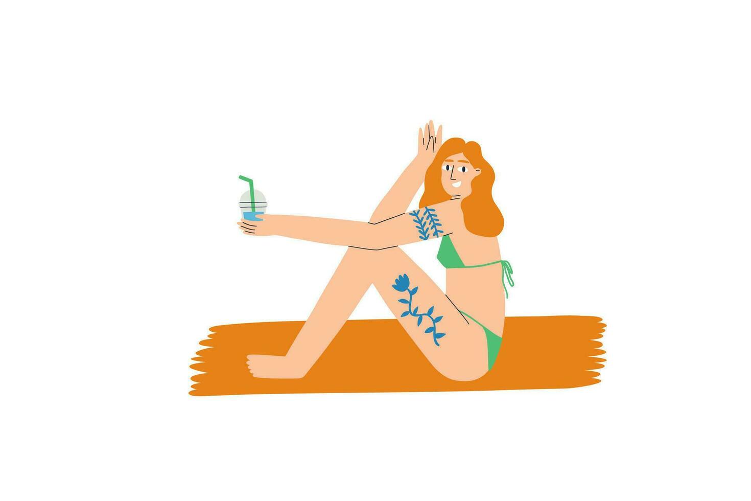 das Konzept von ein Frau im ein Badeanzug Trinken ein Cocktail. Vektor Illustration im eben Stil