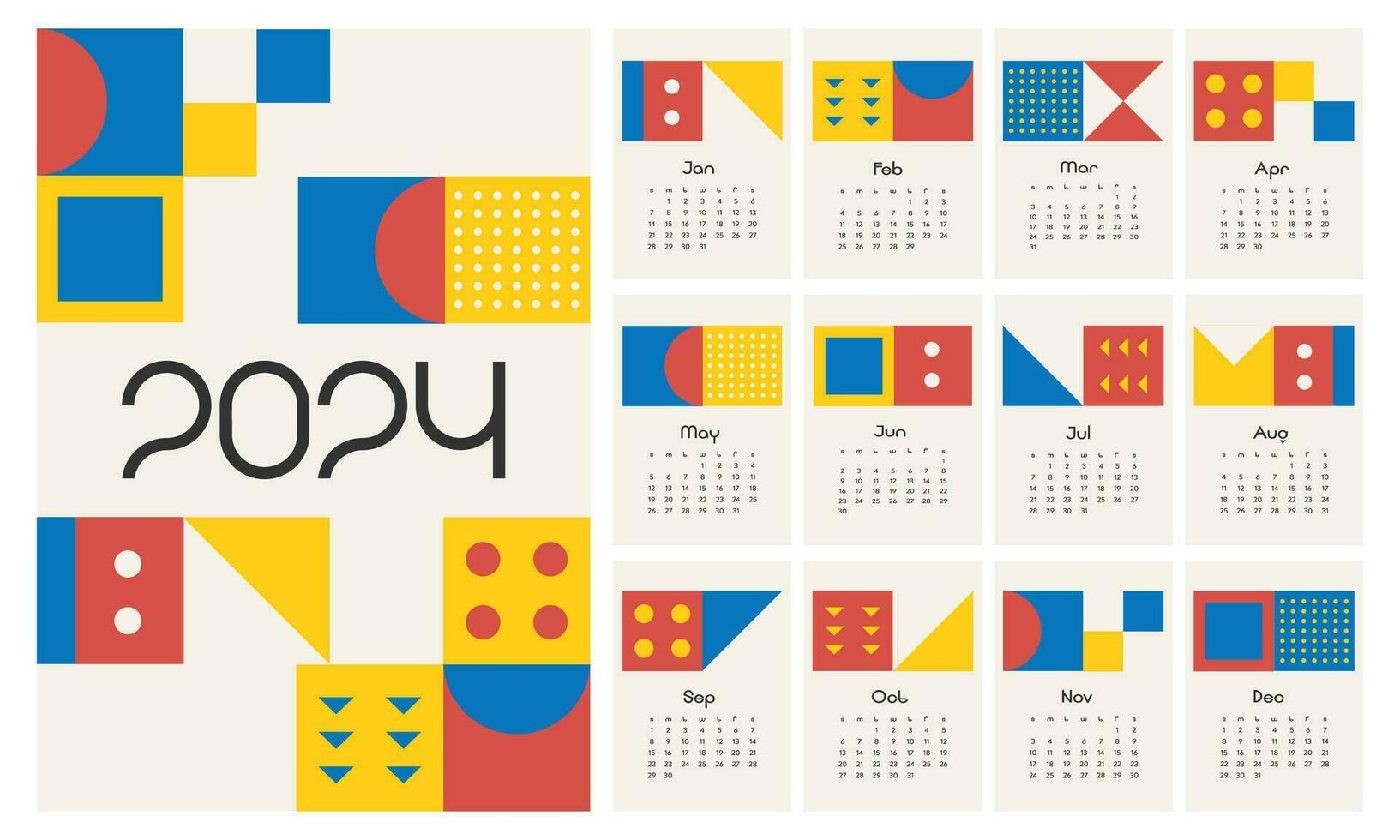 en gång i månaden kalender för 2024. bauhaus stil kalender. de vecka börjar på söndag. vektor