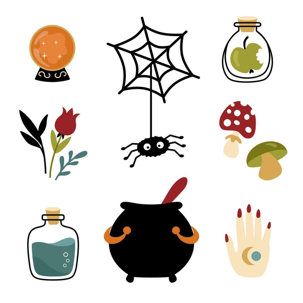 Halloween Hexe Design Elemente im Karikatur eben Stil. Spinnennetz, Kessel, Kristall Ball, Tränke und Kräuter. vektor