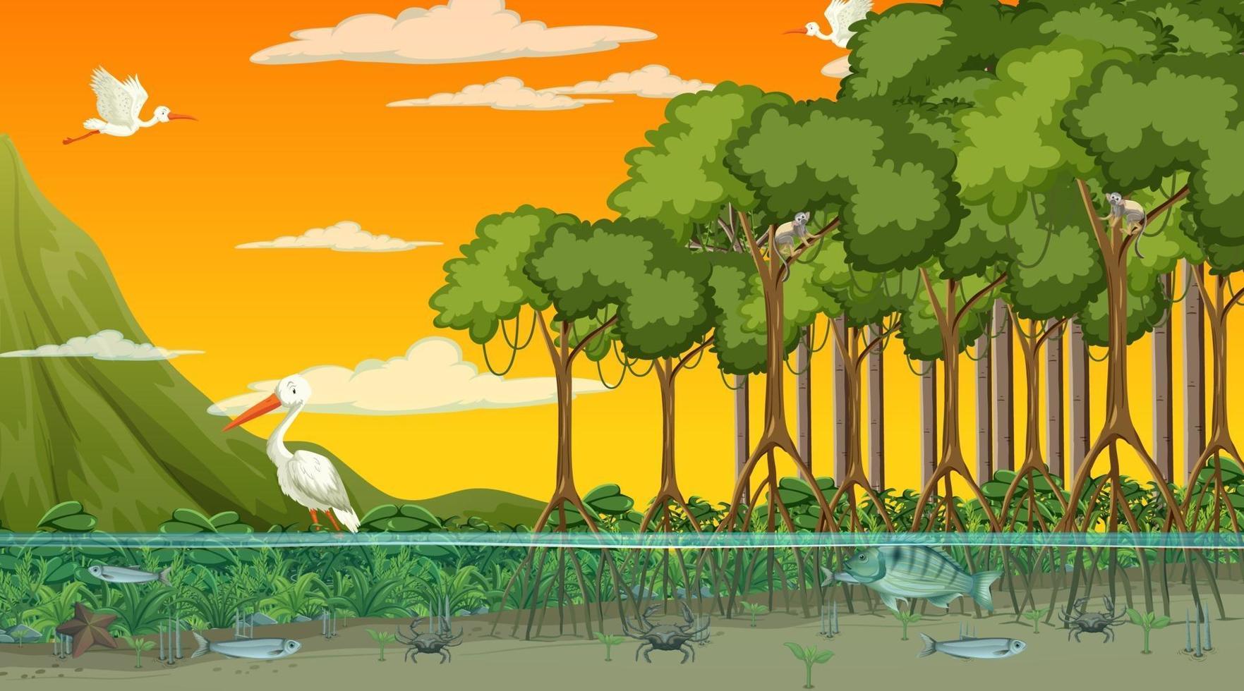 djur bor i mangroveskog vid solnedgången vektor