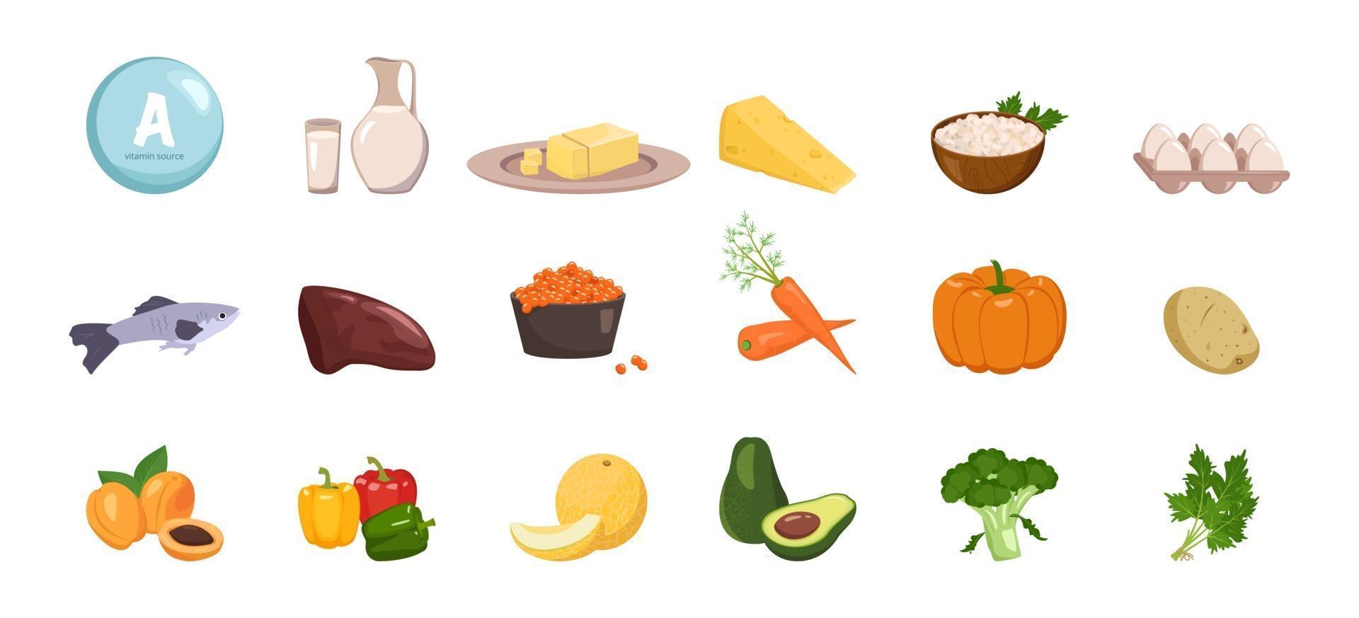 källa till vitamin a. uppsättning grönsaker, frukt och örter. dietmat vektor
