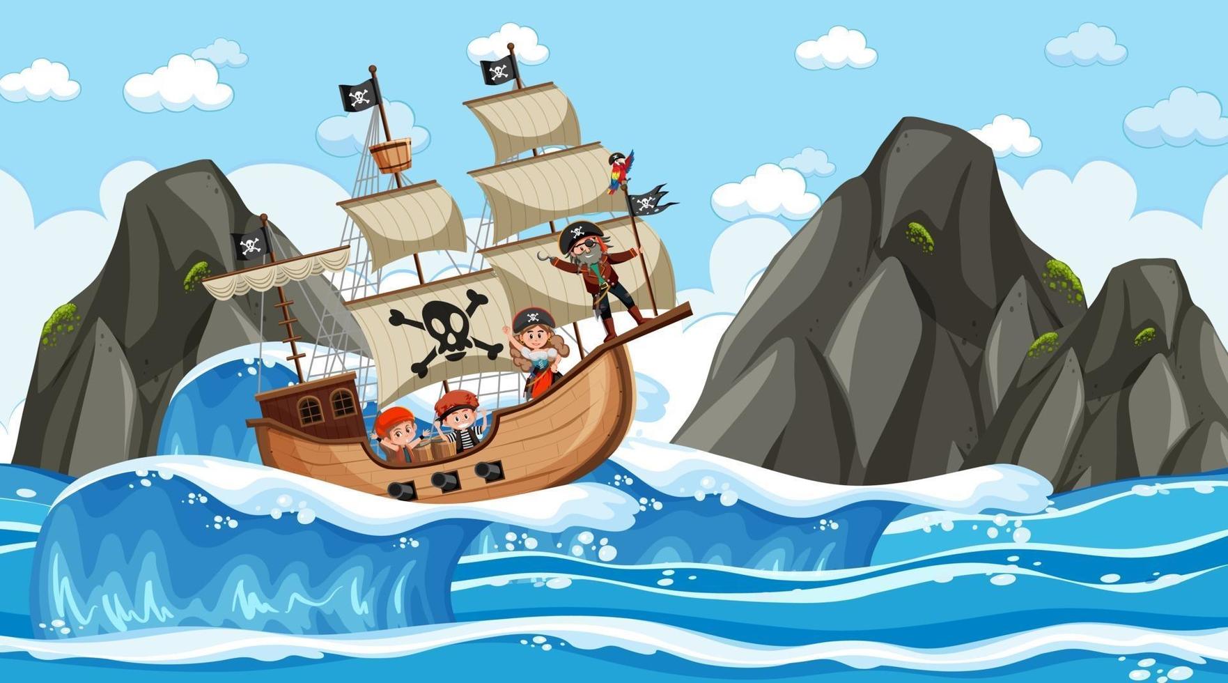 Strand mit Piratenschiff bei Tagesszene im Cartoon-Stil vektor