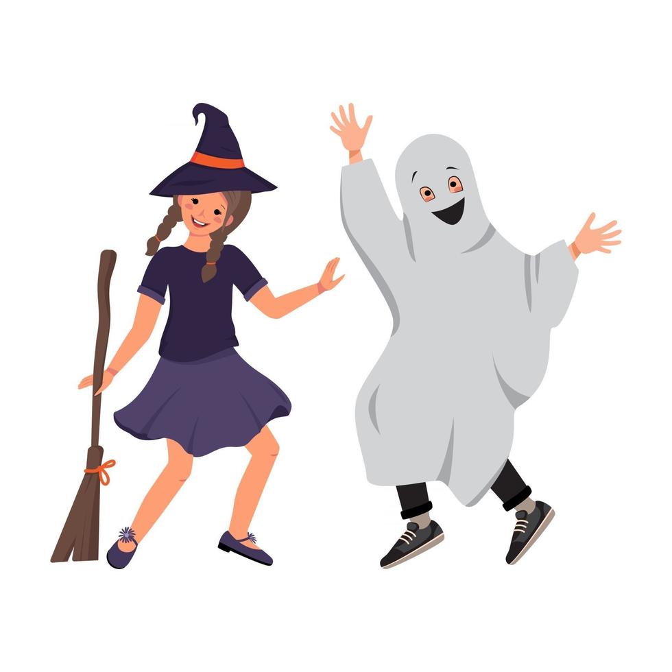 flicka i en häxadräkt och pojke i spökkläder på halloween semester vektor
