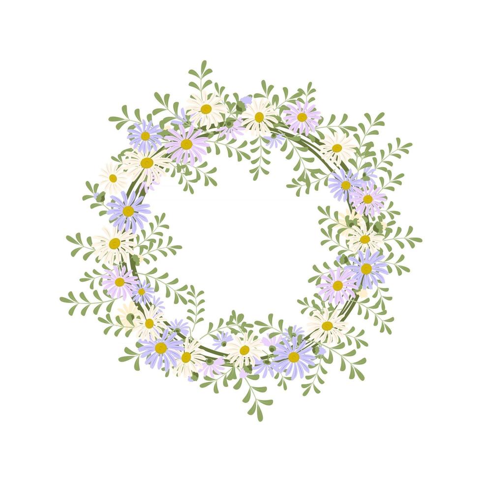 Gänseblümchen-Kranz. runder Rahmen, süße lila und weiße Blumen Kamille vektor