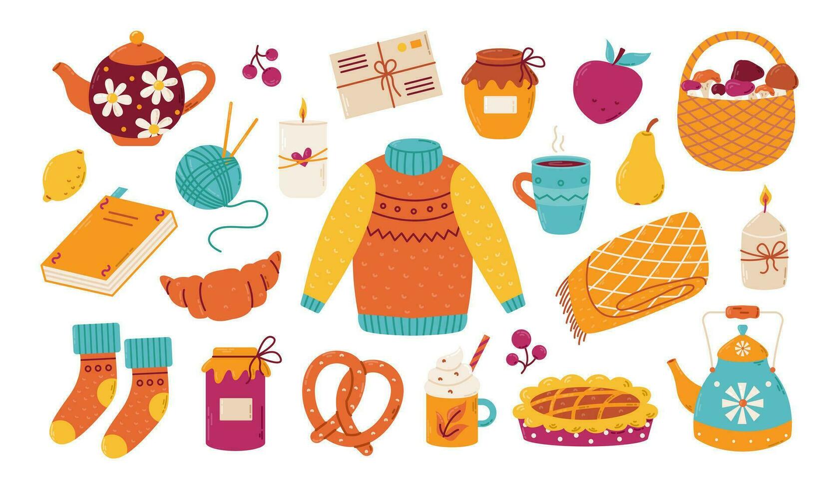 einstellen von gemütlich Herbst Elemente. Pullover, Kuchen, Marmelade, Kaffee und Tee. Vektor Illustration