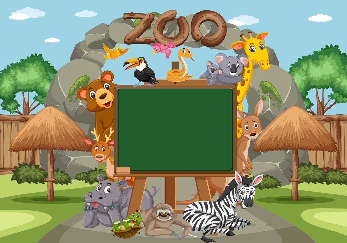 tom svart tavla med olika vilda djur i djurparken vektor