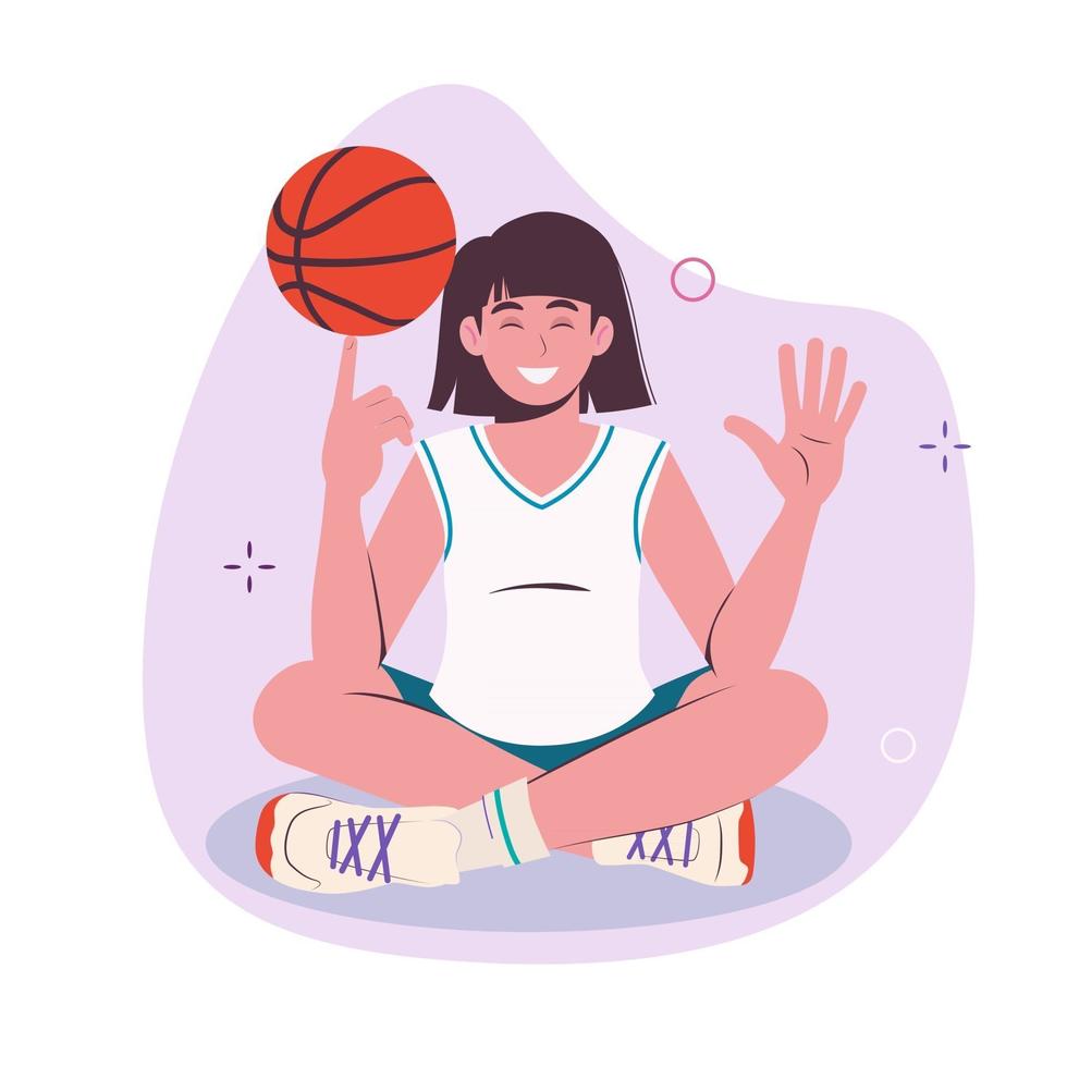 tonåring flicka snurrar basketboll med fingret. full längd illustration. vektor platt