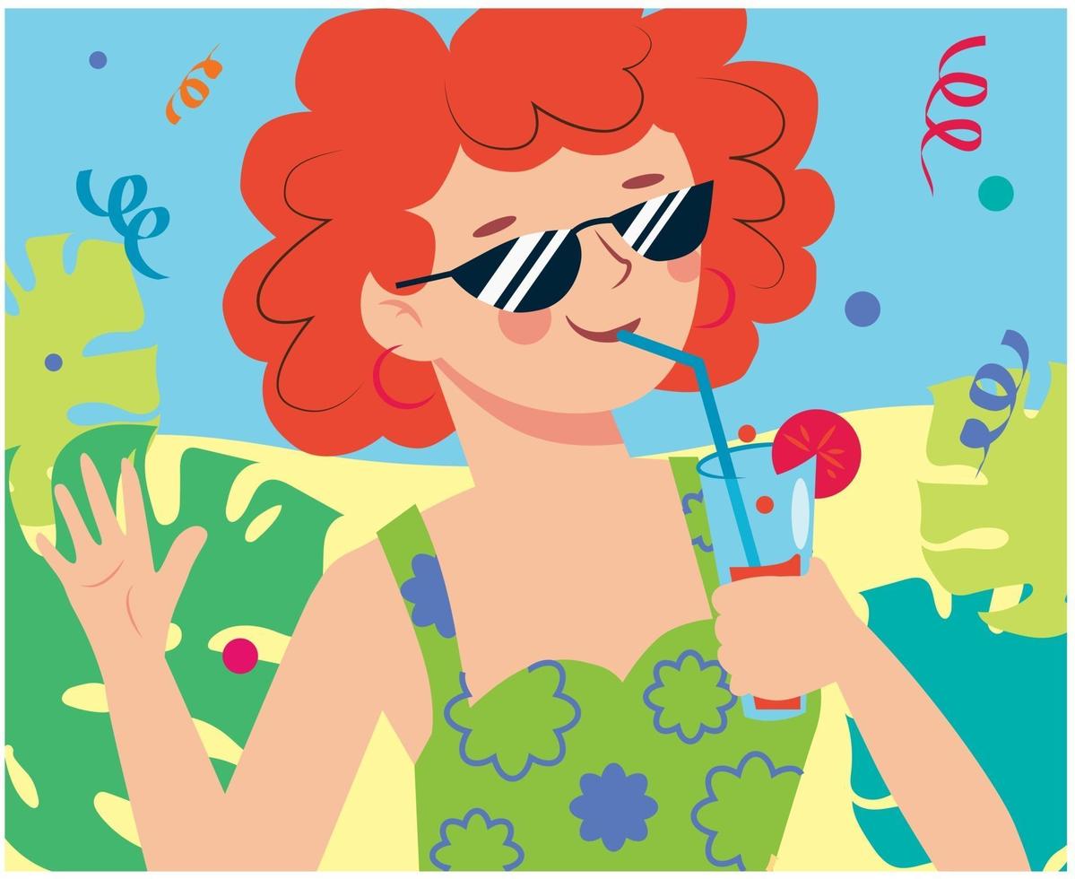 Mädchen an der Küste mit einem Cocktail feiert einen Feiertag. Strandparty. vektor