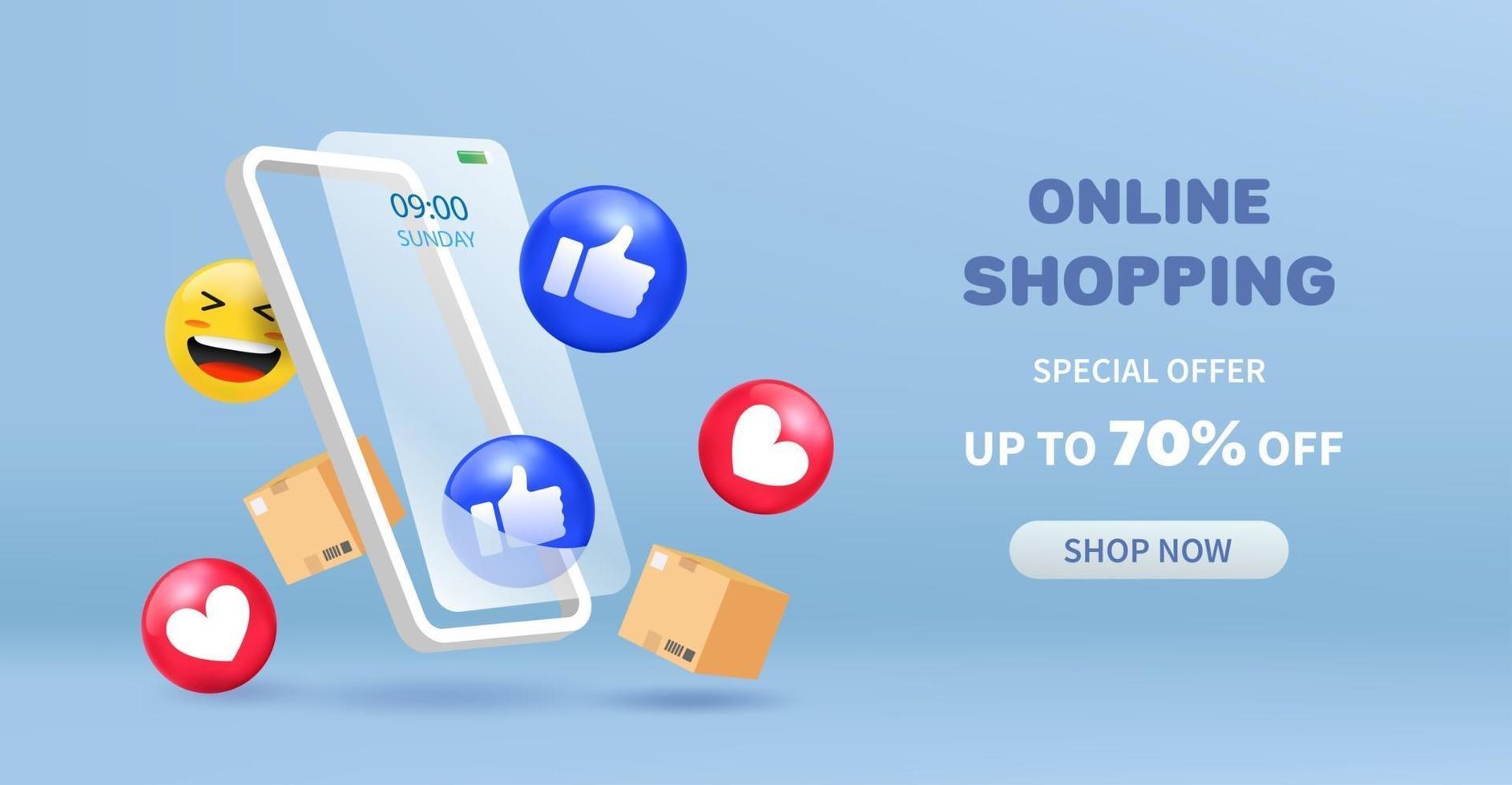 Online-Shopping-Verkauf oder -Werbung auf minimalem blauem Hintergrund. Online-Shop mit Handy- und 3D-Emoji-Social-Symbol. Vektor-Illustration vektor