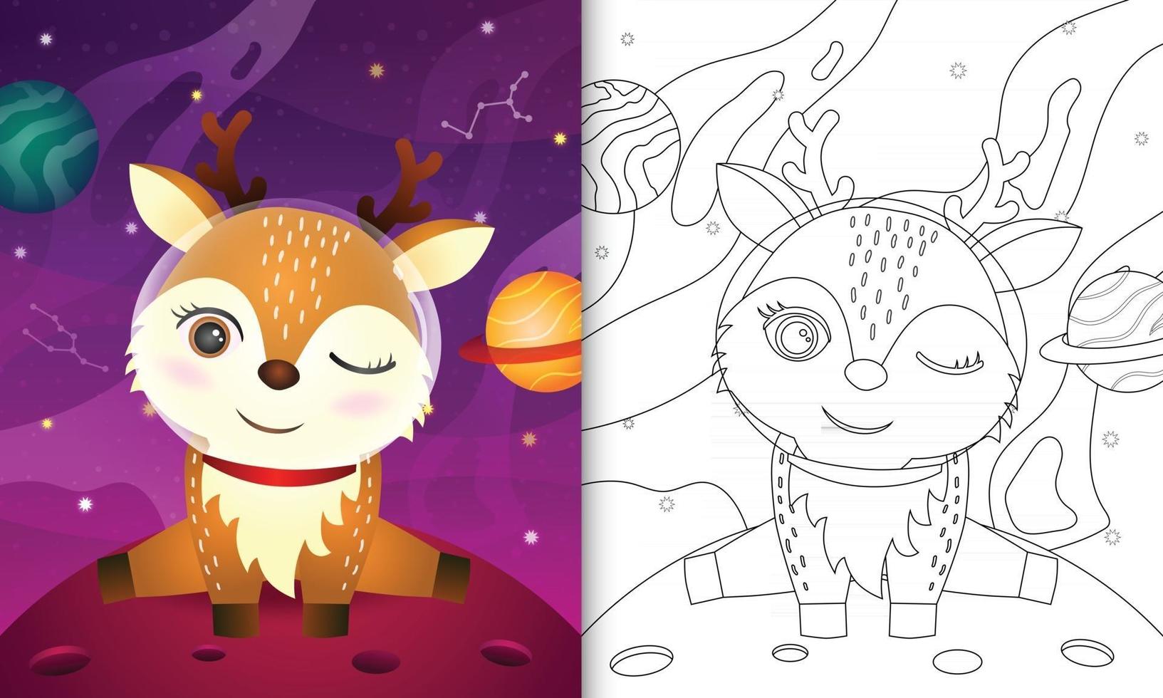 målarbok för barn med en söt hjort i rymdgalaxen vektor