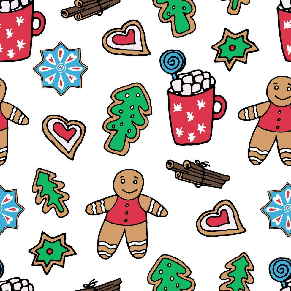 nahtlos Muster von Weihnachten Süßigkeiten auf ein Weiß Hintergrund - - Lebkuchen, Kekse, heiß Schokolade, Zimt. Vektor Gekritzel Illustration zum Verpackung, Netz Design