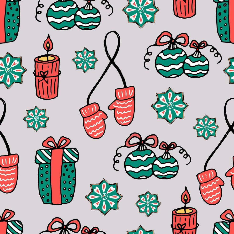 sömlös jul mönster - gåvor, pepparkaka småkakor, ljus, vantar, jul bollar. vektor illustration klotter ny år Semester bakgrund