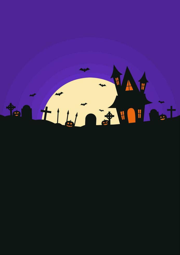 Halloween Poster Vorlage mit verfolgt Haus, Friedhof, Fledermäuse, und Mond auf lila Himmel Hintergrund vektor