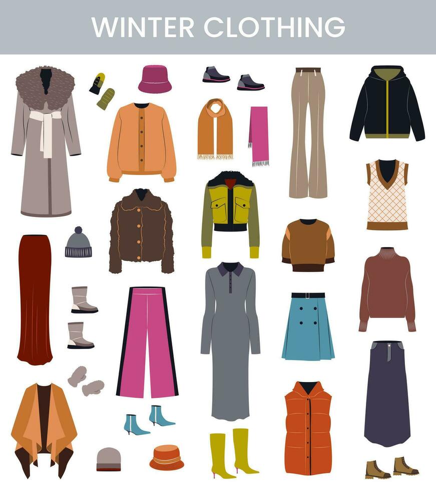 vinter- Kläder, plagg och Tillbehör uppsättning. kvinna kläder, klänningar, byxor, skor, handskar, rockar, tröjor, hattar i tillfällig stil. platt grafisk vektor illustrationer isolerat på vit bakgrund