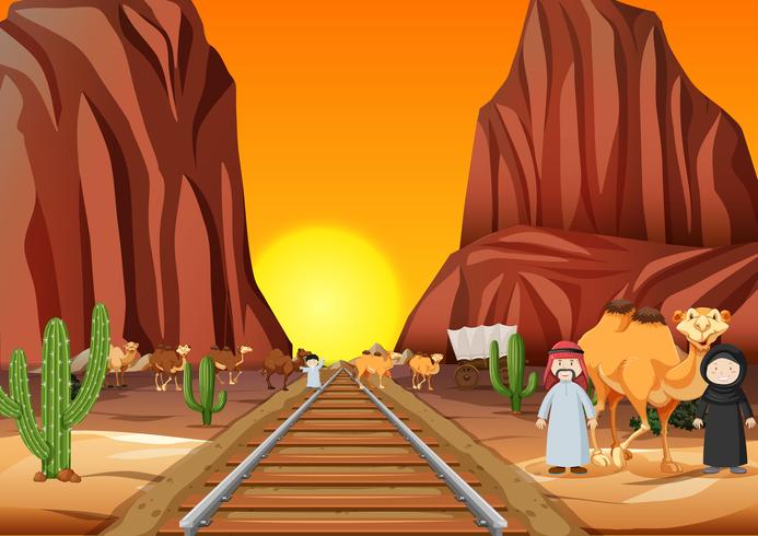 Kamele und arabische Leute, welche die Eisenbahn bei Sonnenuntergang kreuzen vektor