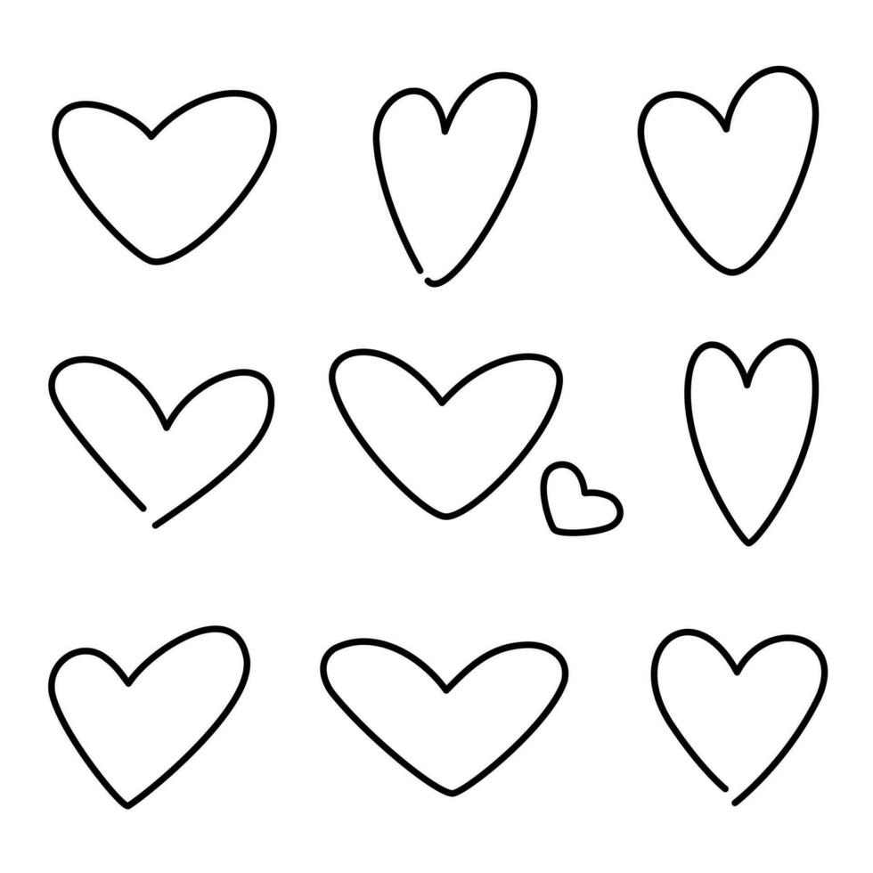 vektor ritad för hand barnslig klotter hjärta ikon uppsättning. svart stroke på vit bakgrund.