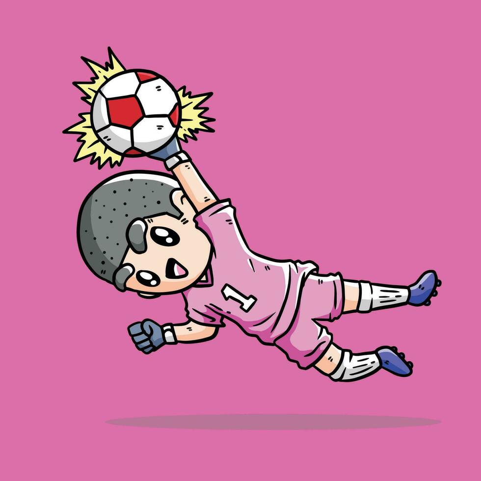 söt pojke i rosa jersey spela fotboll vektor illustration. målvakt i fotboll match. målvakt Hoppar. söt målvakt vektor illustration.