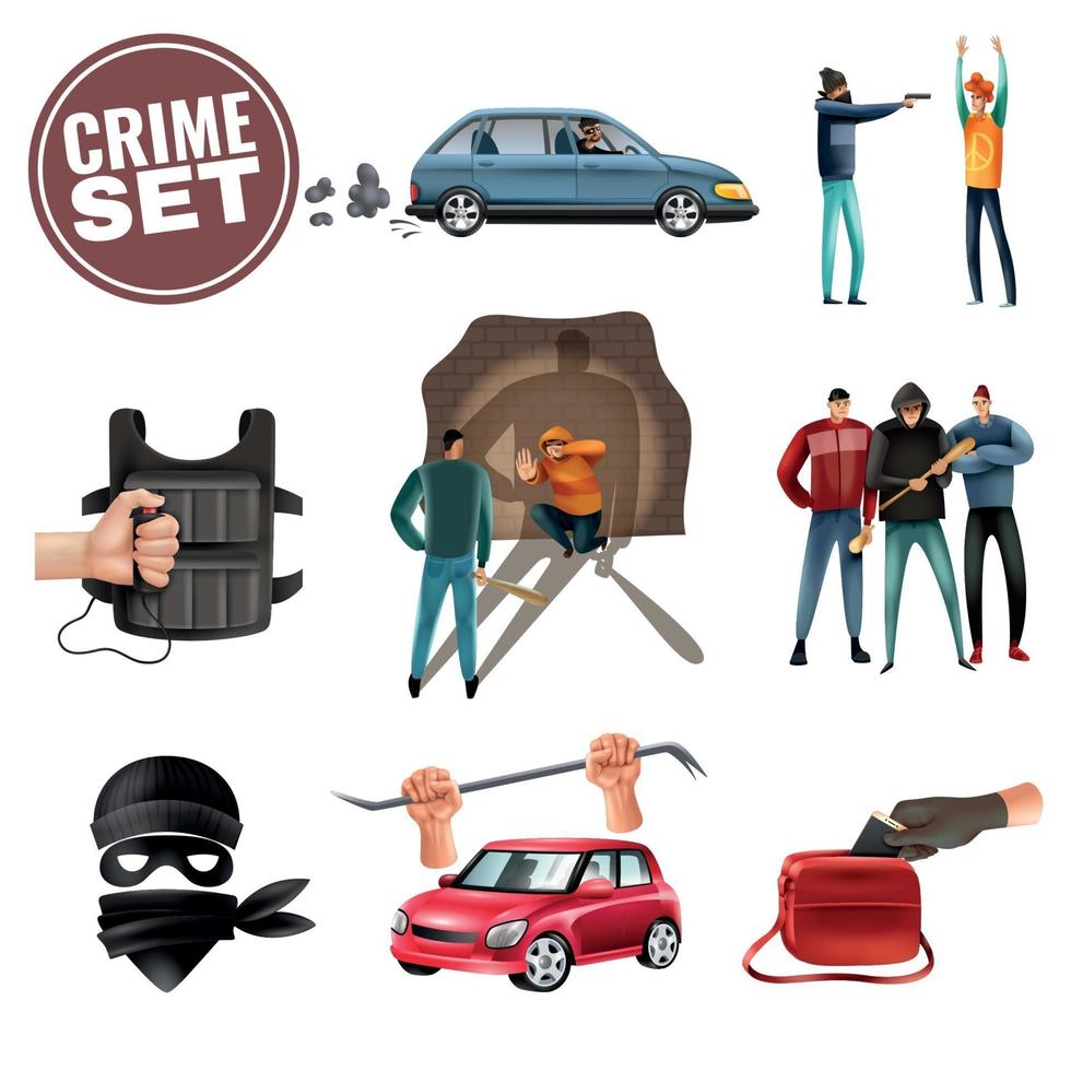 Kriminalität Gewalt Aggression Icons Set Vector Illustration