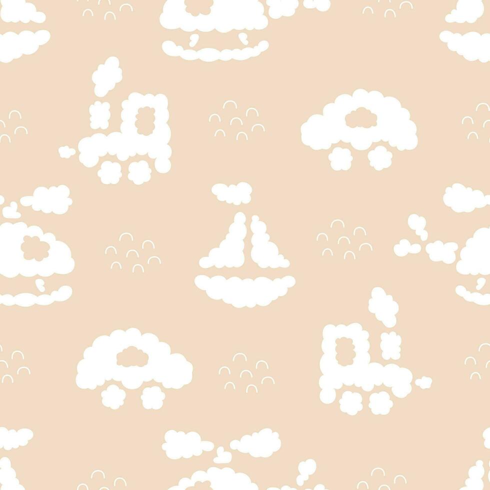 nahtlos Muster mit Kinder- Spielzeuge im das bilden von Wolken. süß Vektor Hintergrund zum Jungen, Kinder- Kleidung, Pyjama, Verpackung Papier im ein zart Farbe
