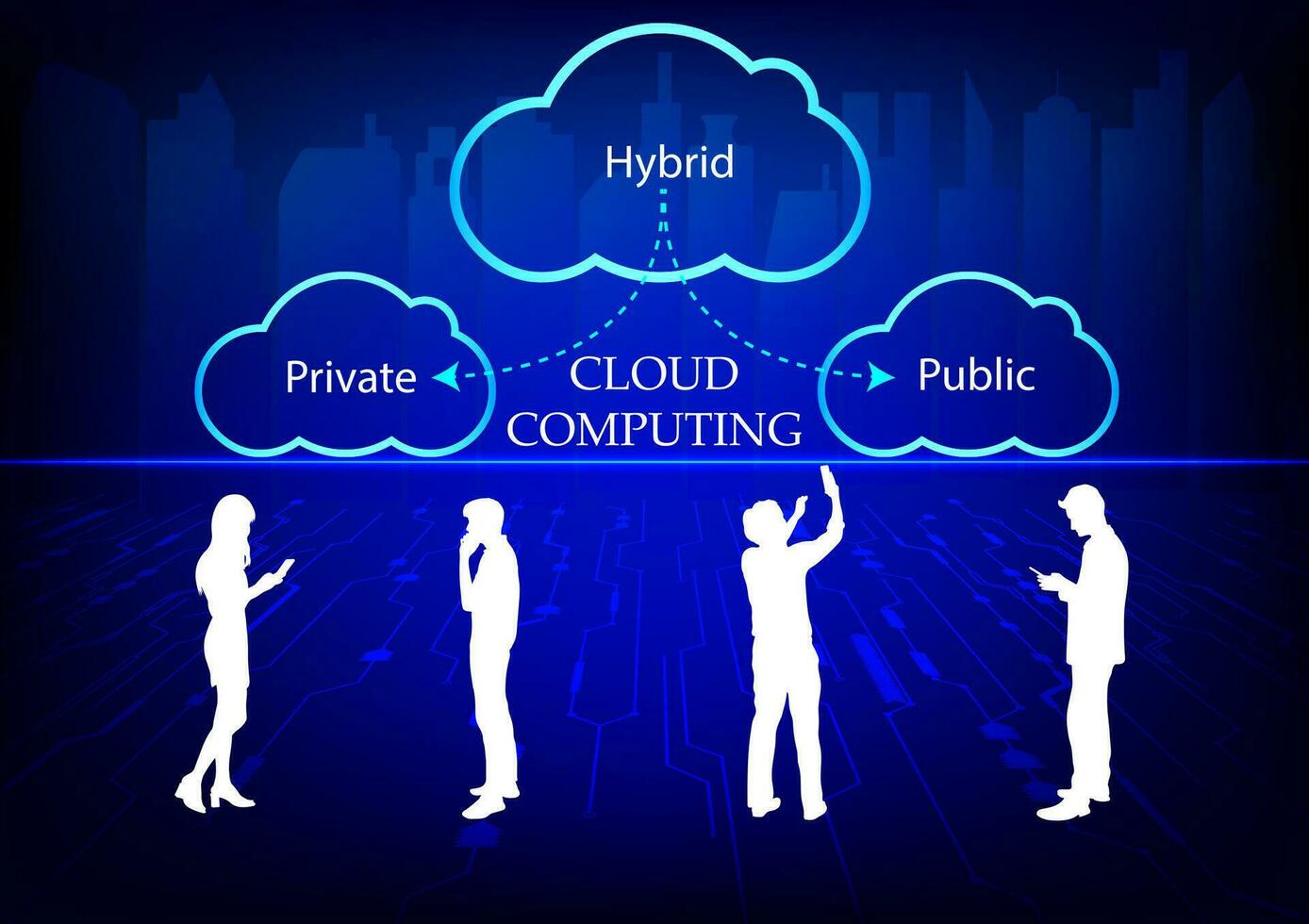 moln datoranvändning begrepp med människor silhuetter på blå bakgrund. vektor illustration.