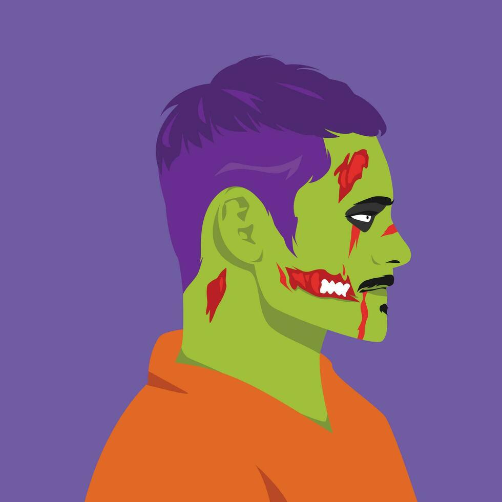 Zombie Mann mit ein kurz Frisur, ein Schnurrbart und viele Blut, Wunden auf seine Gesicht im Profil. Halloween Benutzerbild Seite Sicht. eben Vektor Illustration.