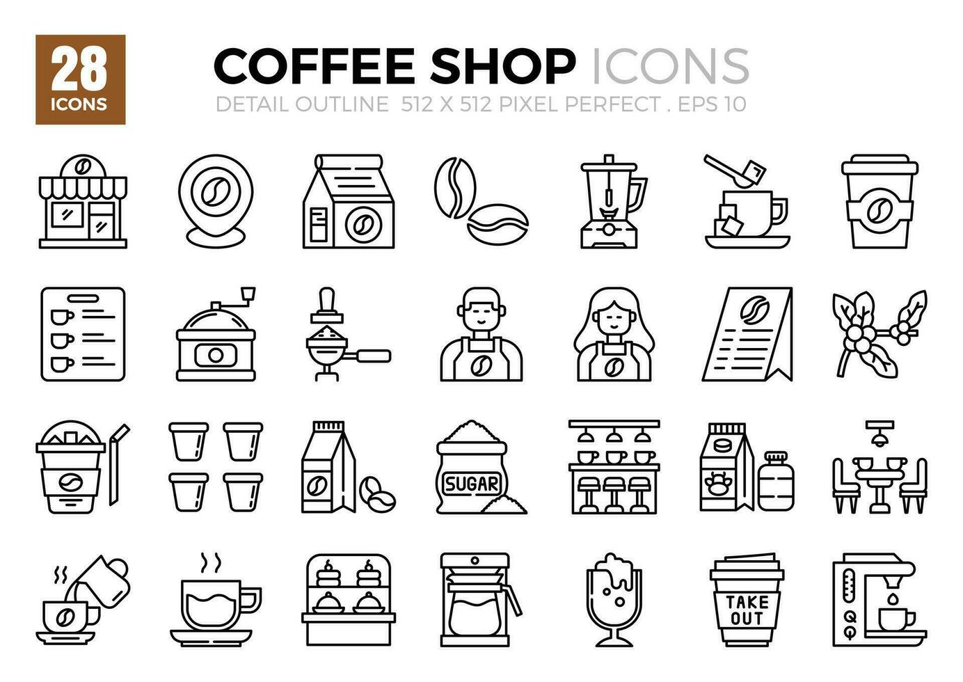 Kaffee Geschäft Detail Gliederung Symbole Satz. das Sammlung beinhaltet Symbole von verschiedene Aspekte verbunden zu Kaffee Geschäfte, reichen von Geschäft und Entwicklung zu Programmierung, Netz Design, App Design. vektor
