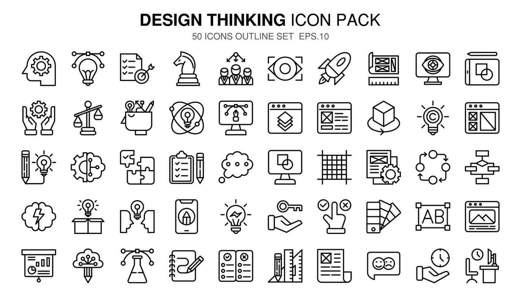 ein einstellen Pack Design Denken von Gliederung Symbole Satz. das Sammlung beinhaltet von Geschäft Entwicklungen, Programmierung , Netz Design, App Design und mehr. vektor