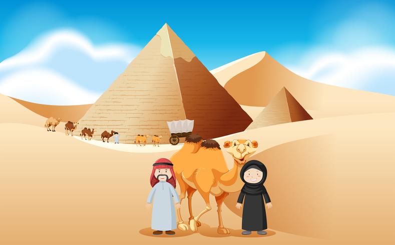Araber und Kamele an den Pyramiden vektor