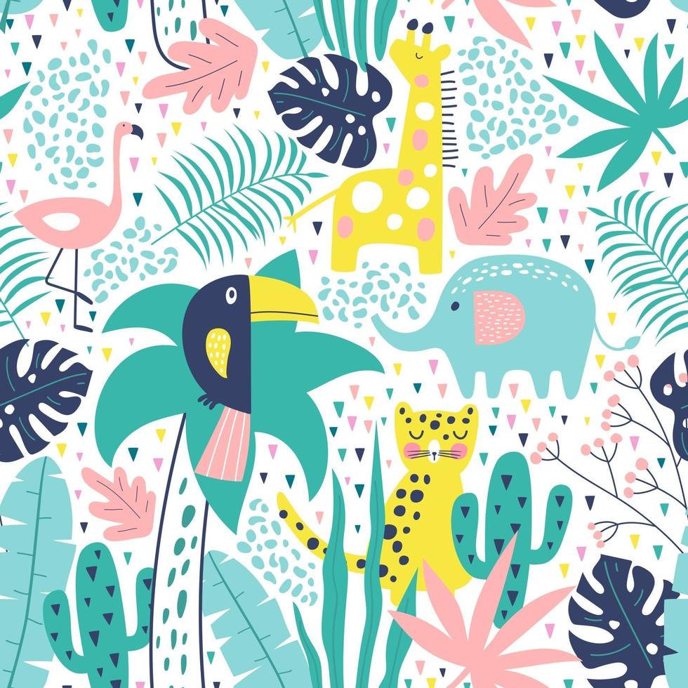 tropiskt sömlöst mönster med tukan, flamingor, tiger. vektor